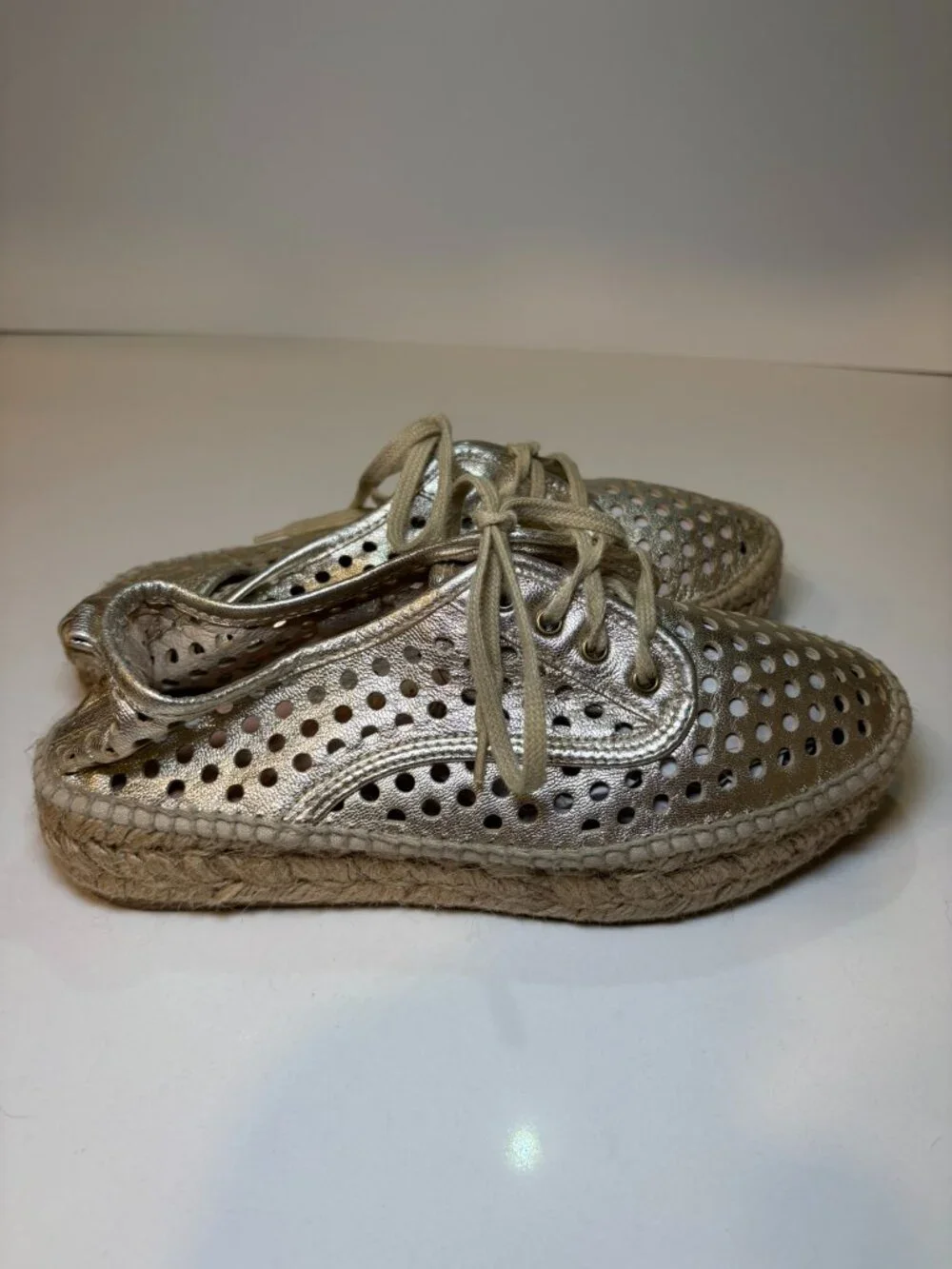 Loeffler Randall Rowan Metallic Gold Perforated Leather Espadrille Flats 36 6